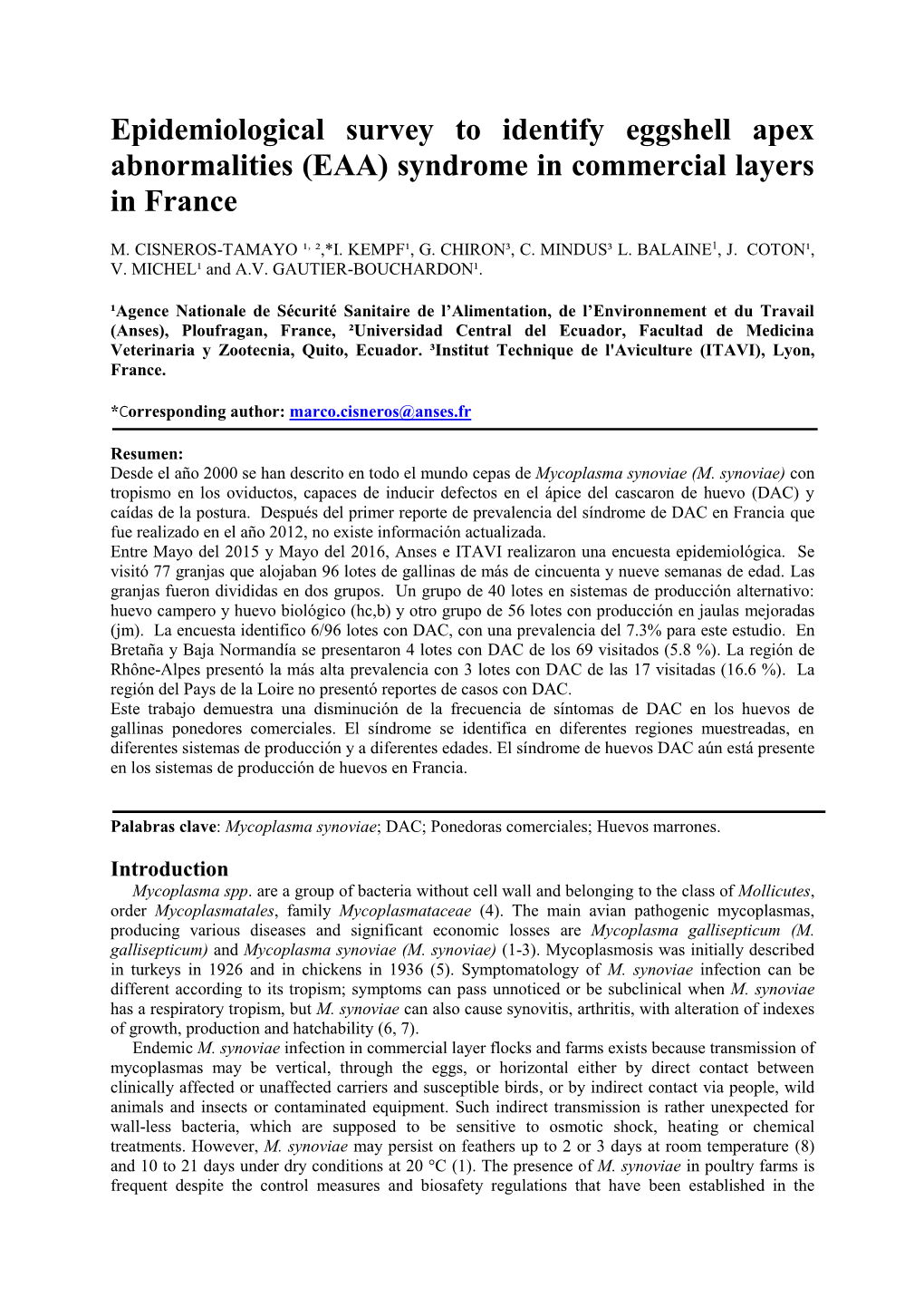 (EAA) Syndrome in Commercial Layers in France