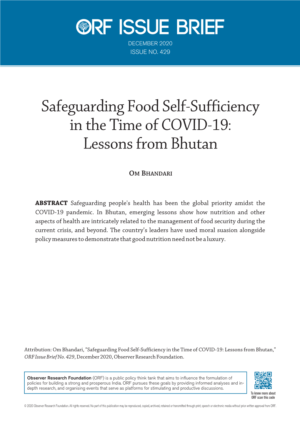 Safeguarding Food Self-Sufficiency in the Time of COVID-19: Lessons from Bhutan