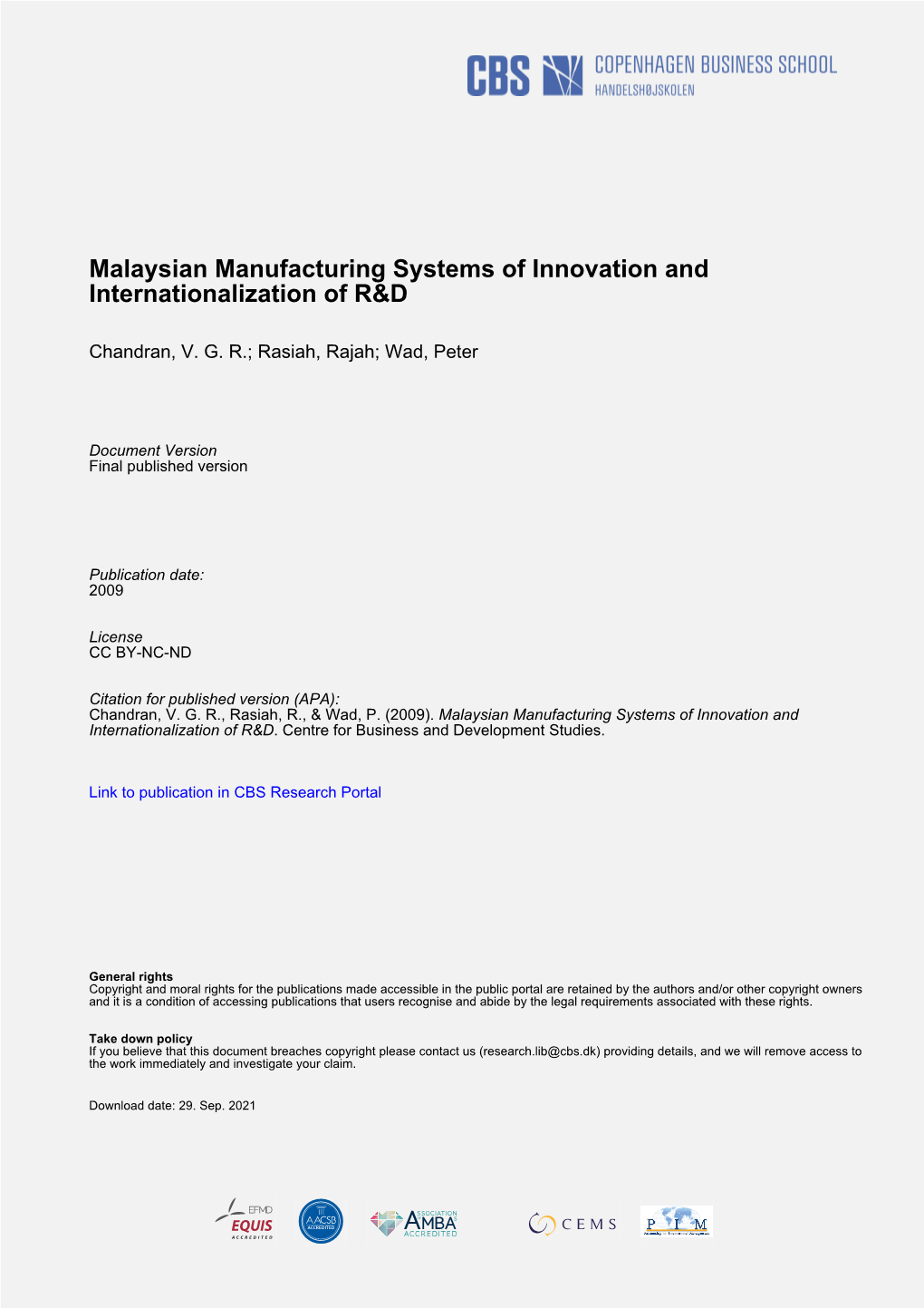 Malaysian Manufacturing Systems of Innovation and Internationalization of R&D