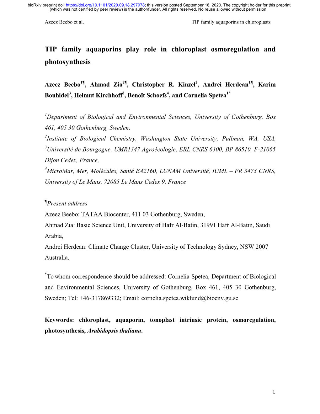 TIP Family Aquaporins Play Role in Chloroplast Osmoregulation and Photosynthesis