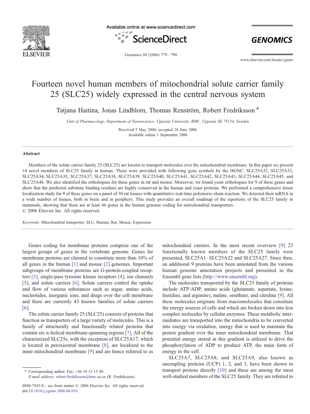 Fourteen Novel Human Members of Mitochondrial Solute Carrier Family 25