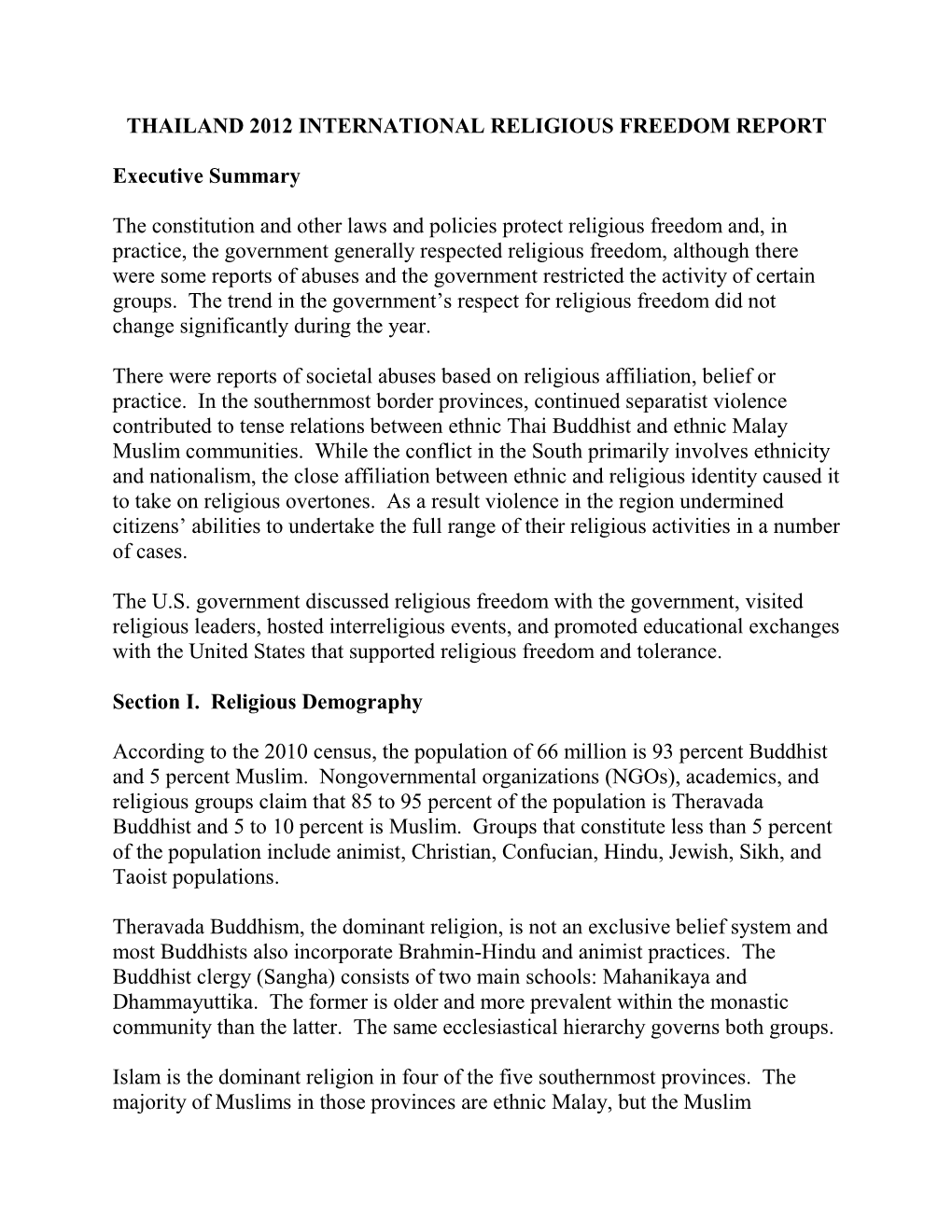 Thailand 2012 International Religious Freedom Report