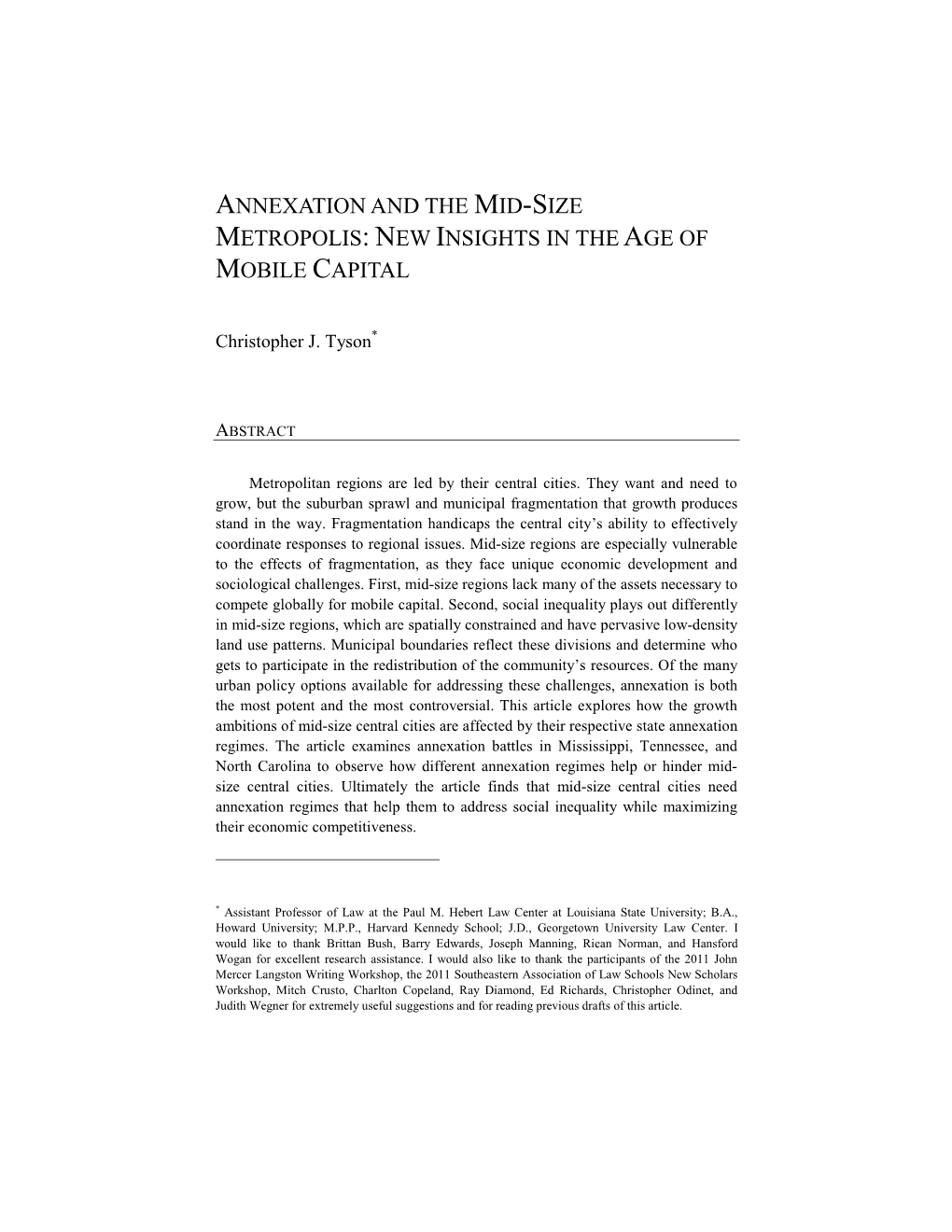 Annexation and the Mid-Size Metropolis: New Insights in the Age of Mobile Capital