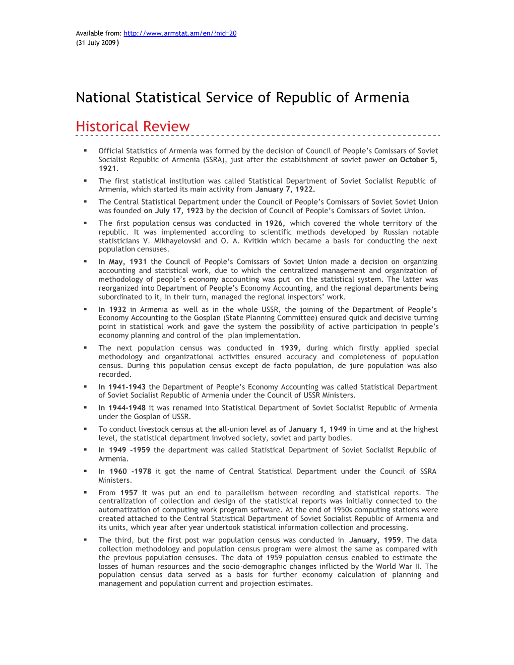 National Statistical Service of Republic of Armenia Historical Review