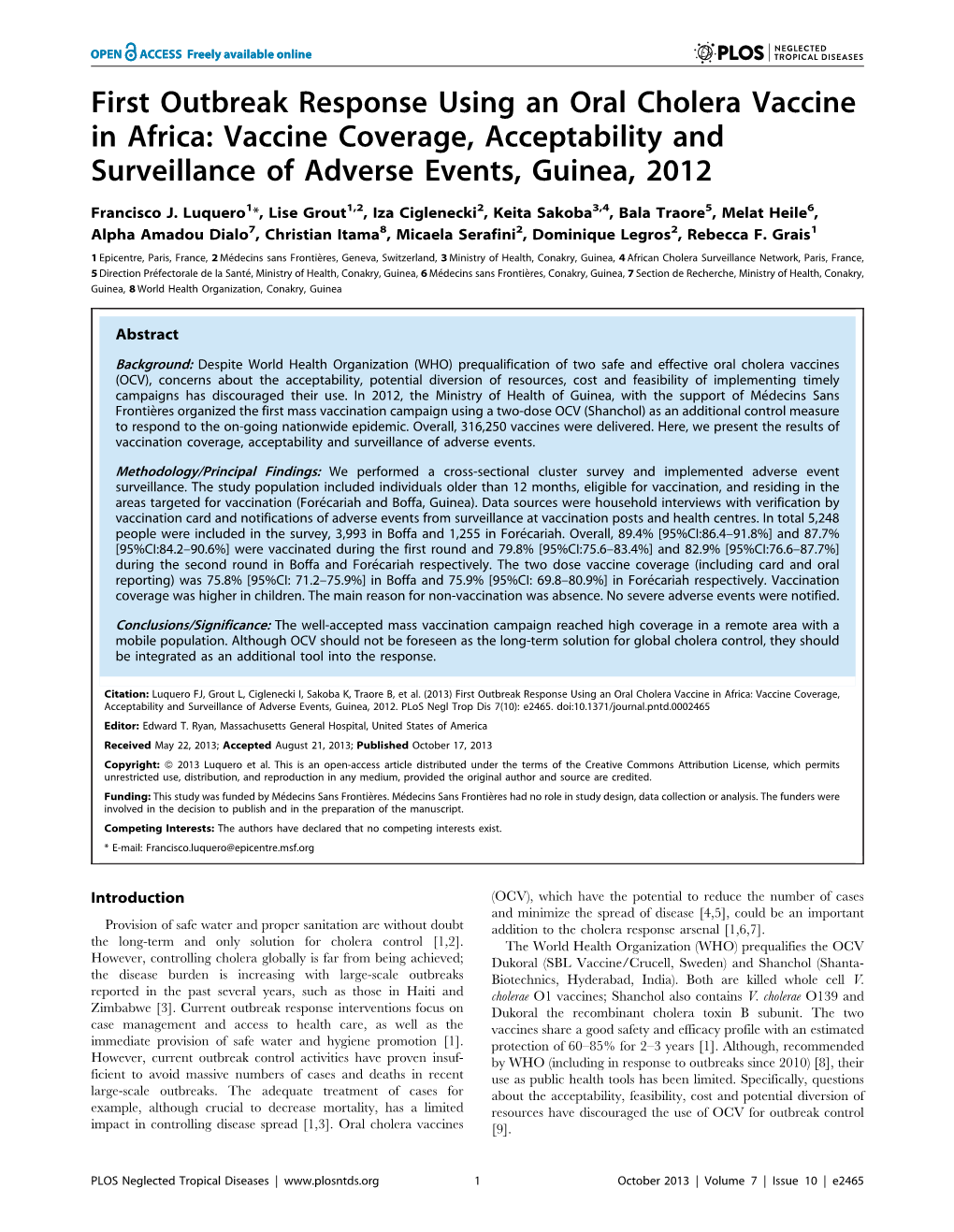 First Outbreak Response Using an Oral Cholera Vaccine in Africa: Vaccine Coverage, Acceptability and Surveillance of Adverse Events, Guinea, 2012