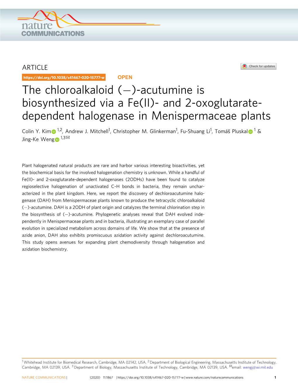 Acutumine Is Biosynthesized Via a Fe(II)- and 2-Oxoglutarate- Dependent Halogenase in Menispermaceae Plants