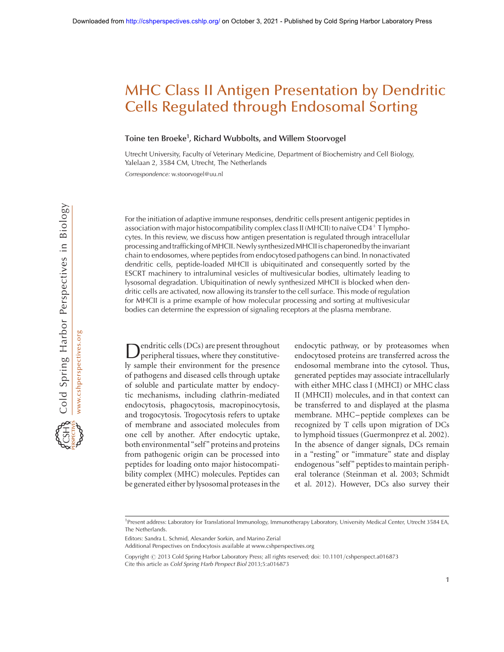 MHC Class II Antigen Presentation by Dendritic Cells Regulated Through Endosomal Sorting