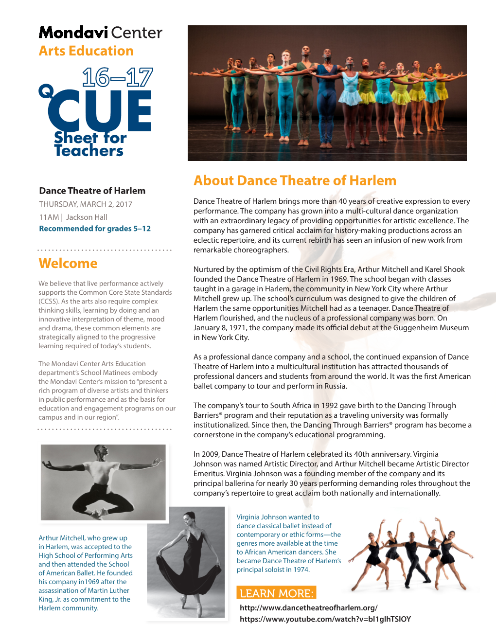 Arts Education Welcome About Dance Theatre of Harlem