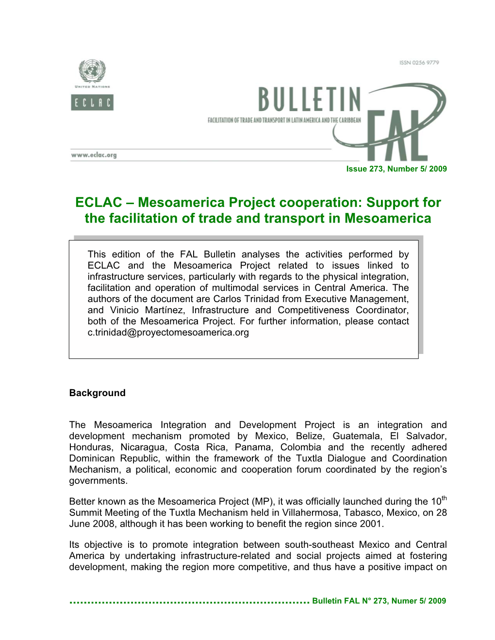 ECLAC – Mesoamerica Project Cooperation: Support for the Facilitation of Trade and Transport in Mesoamerica