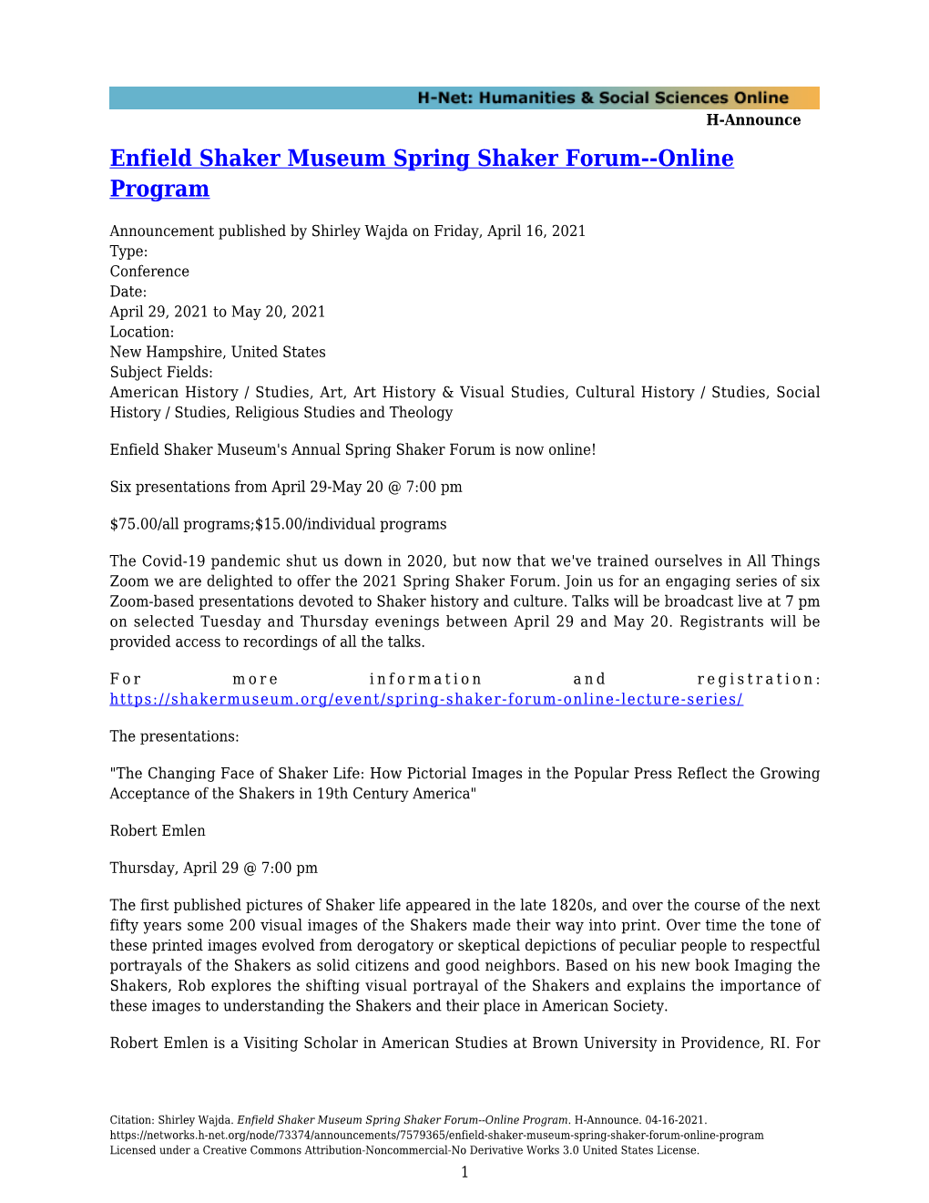 Enfield Shaker Museum Spring Shaker Forum--Online Program