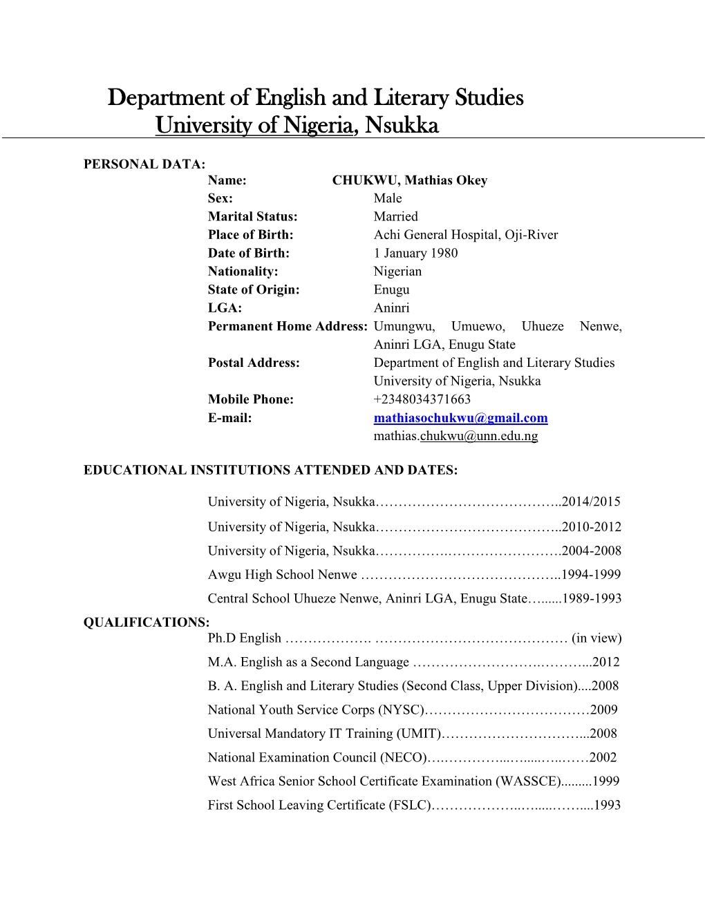 Department of English and Literary Studies University of Nigeria, Nsukka