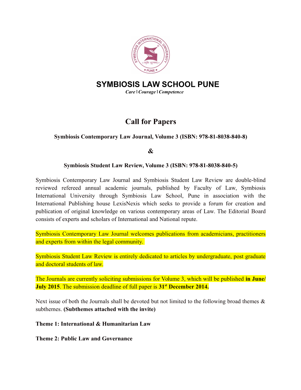 SYMBIOSIS LAW SCHOOL PUNE Call for Papers