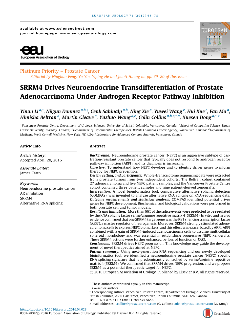 SRRM4 Drives Neuroendocrine Transdifferentiation of Prostate Adenocarcinoma Under Androgen Receptor Pathway Inhibition