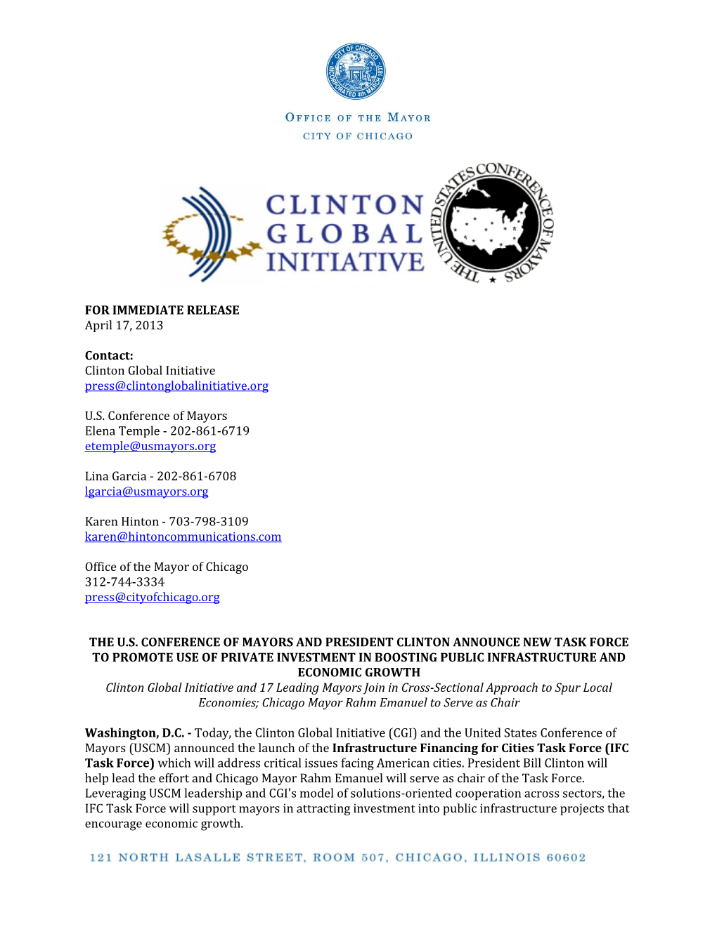 FOR IMMEDIATE RELEASE April 17, 2013 Contact: Clinton Global Initiative Press@Clintonglobalinitiative.Org U.S. Conference of Ma