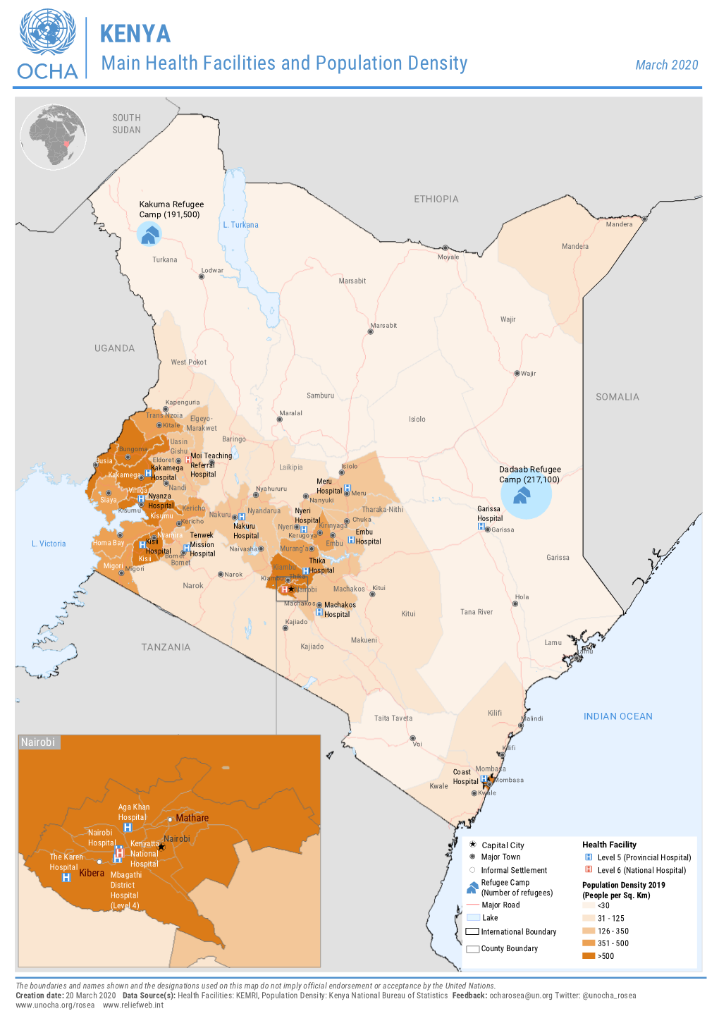 KENYA Main Health Facilities and Population Density March 2020