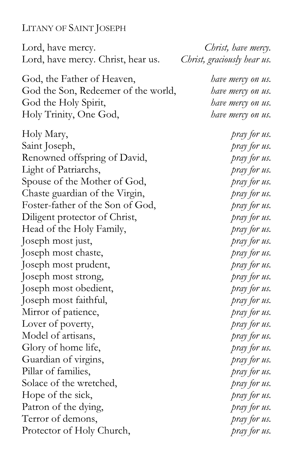 Litany of St. Joseph and Litany of Patron Saints for Family and Clergy
