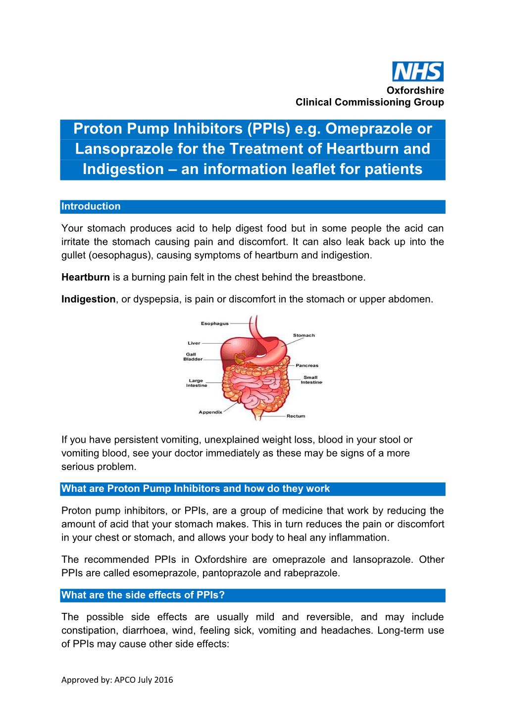 Proton Pump Inhibitors (Ppis) E.G. Omeprazole Or Lansoprazole for the Treatment of Heartburn and Indigestion – an Information Leaflet for Patients