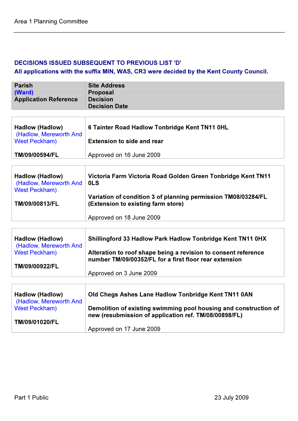 Area 1 Planning Committee Part 1 Public 23 July 2009 DECISIONS