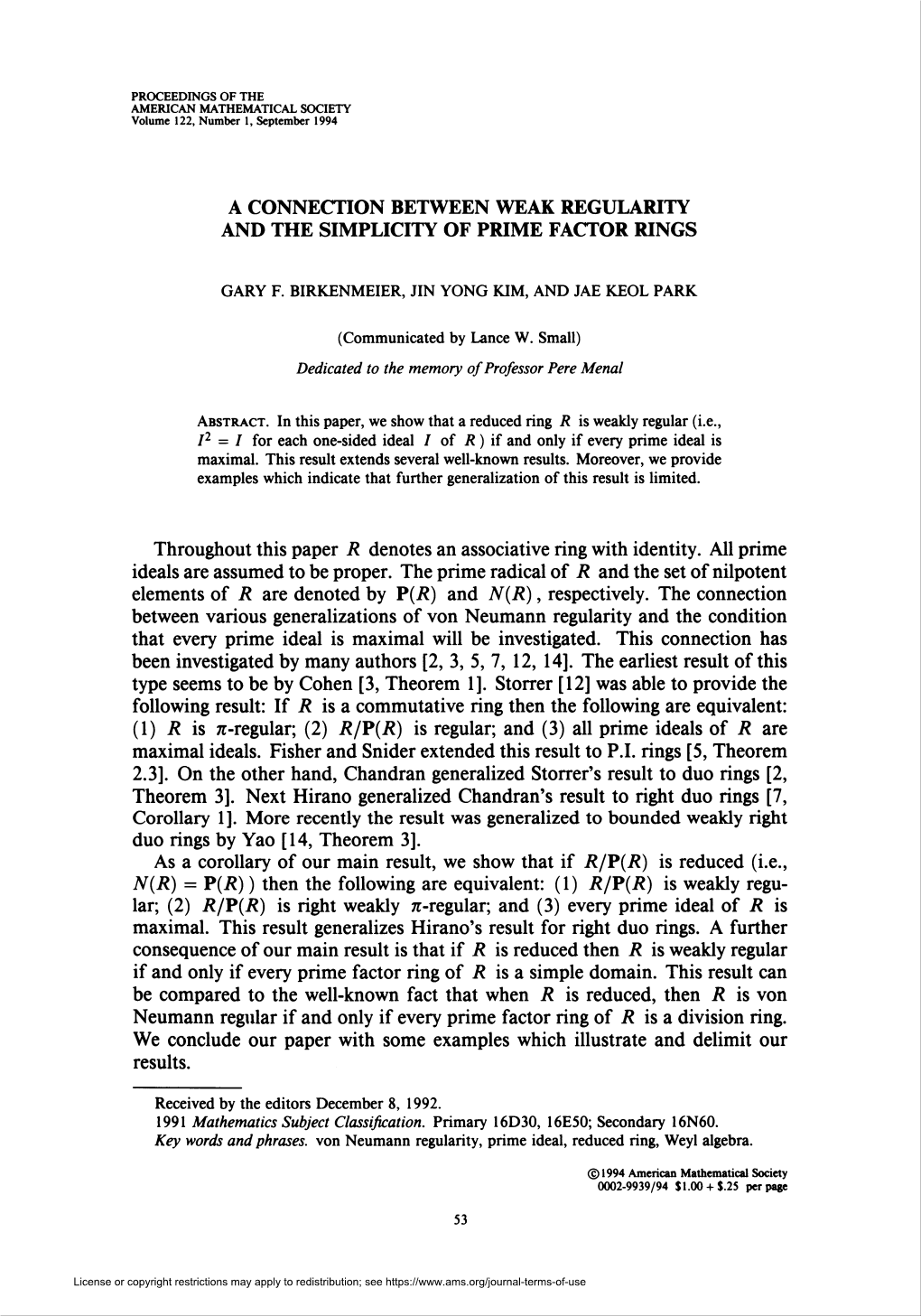 A Connection Between Weak Regularity and the Simplicity of Prime Factor Rings