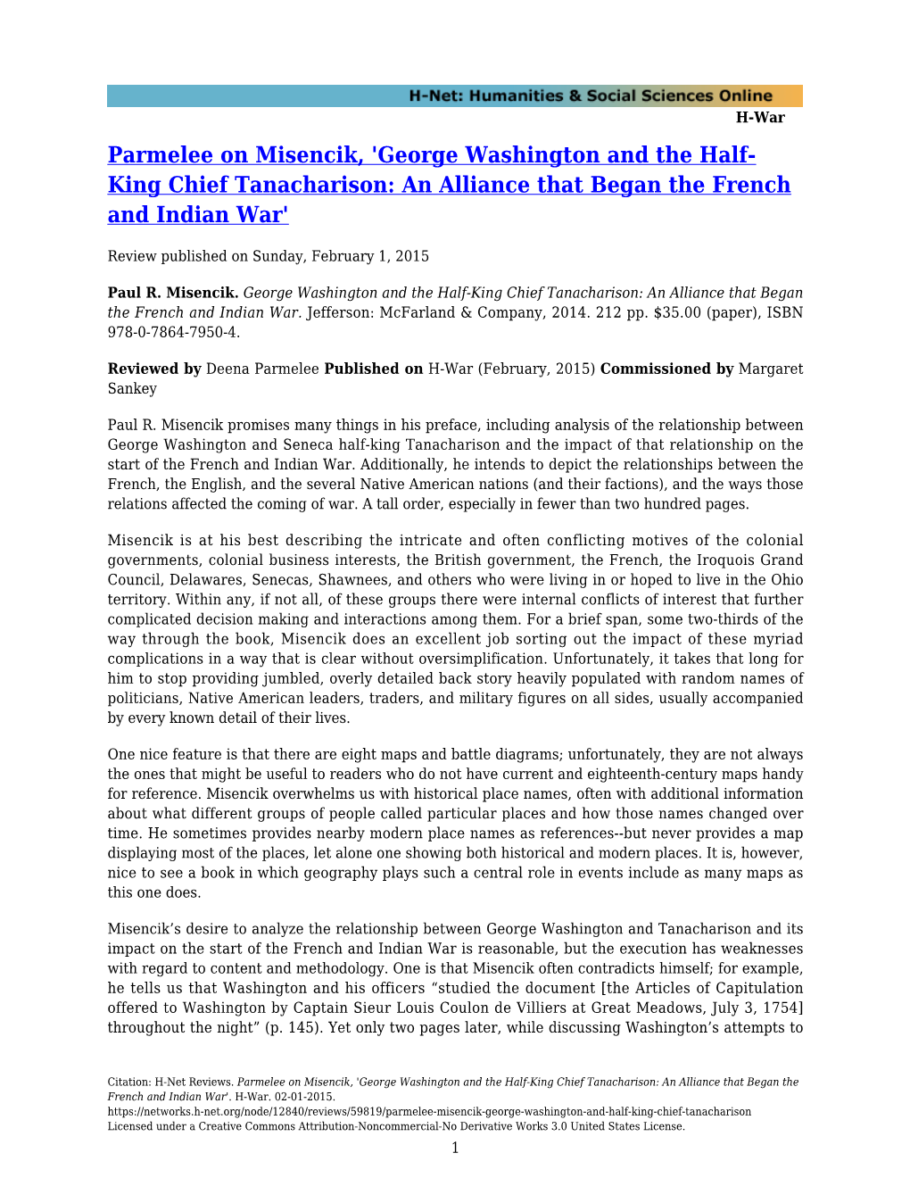 Parmelee on Misencik, 'George Washington and the Half- King Chief Tanacharison: an Alliance That Began the French and Indian War'