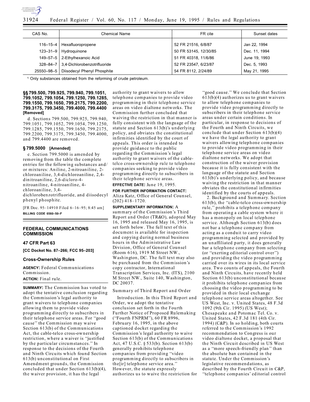 Federal Register / Vol. 60, No. 117 / Monday, June 19, 1995 / Rules and Regulations