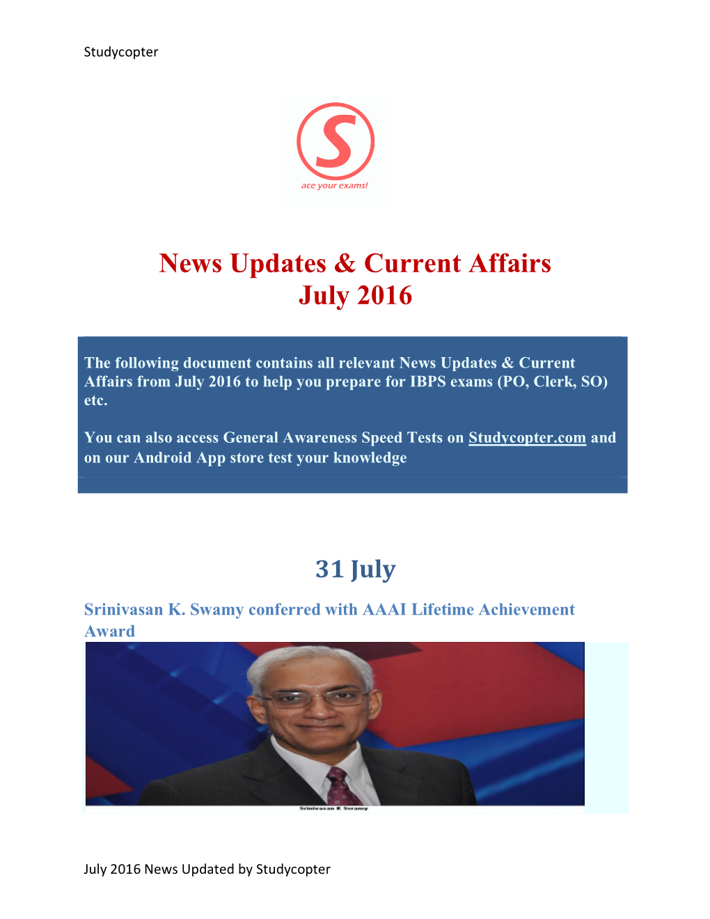 News Updates & Current Affairs July 2016