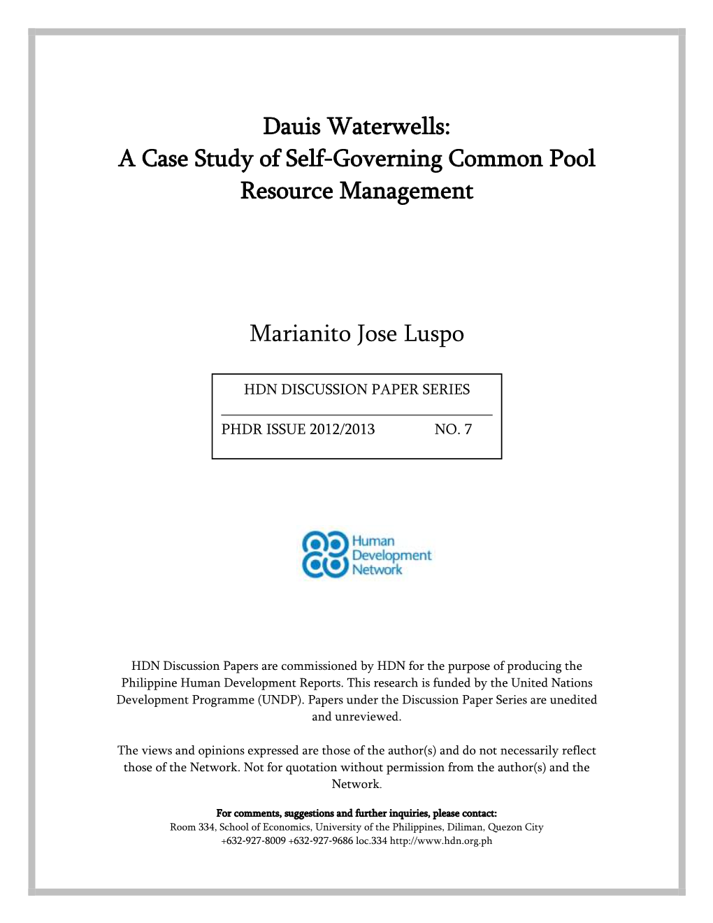 Dauis Waterwells: a Case Study of Self-Governing Common Pool Resource Management