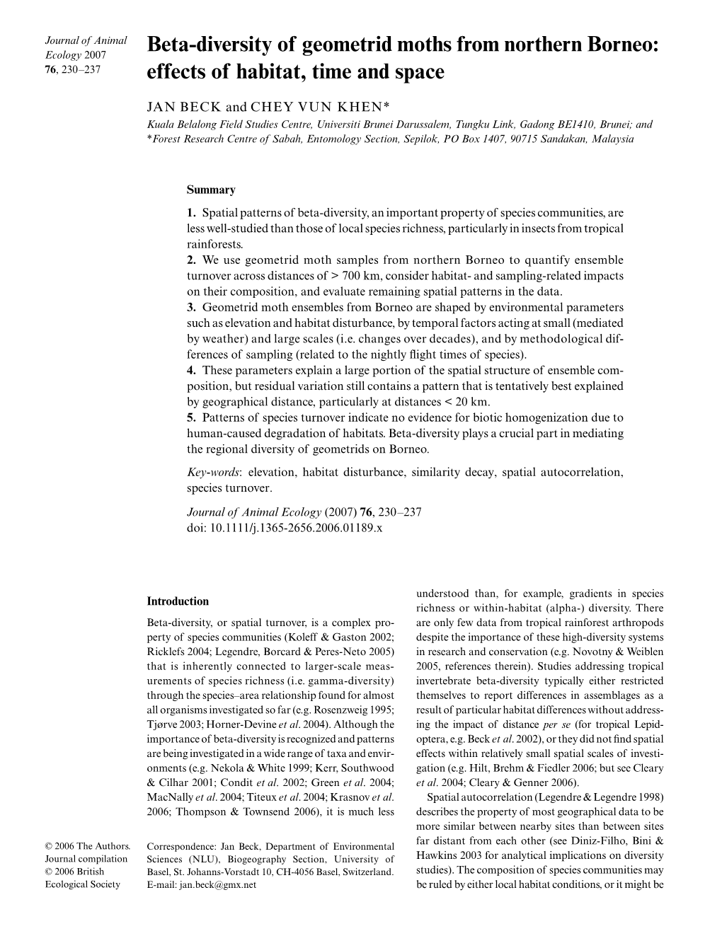 Beta-Diversity of Geometrid Moths from Northern Borneo