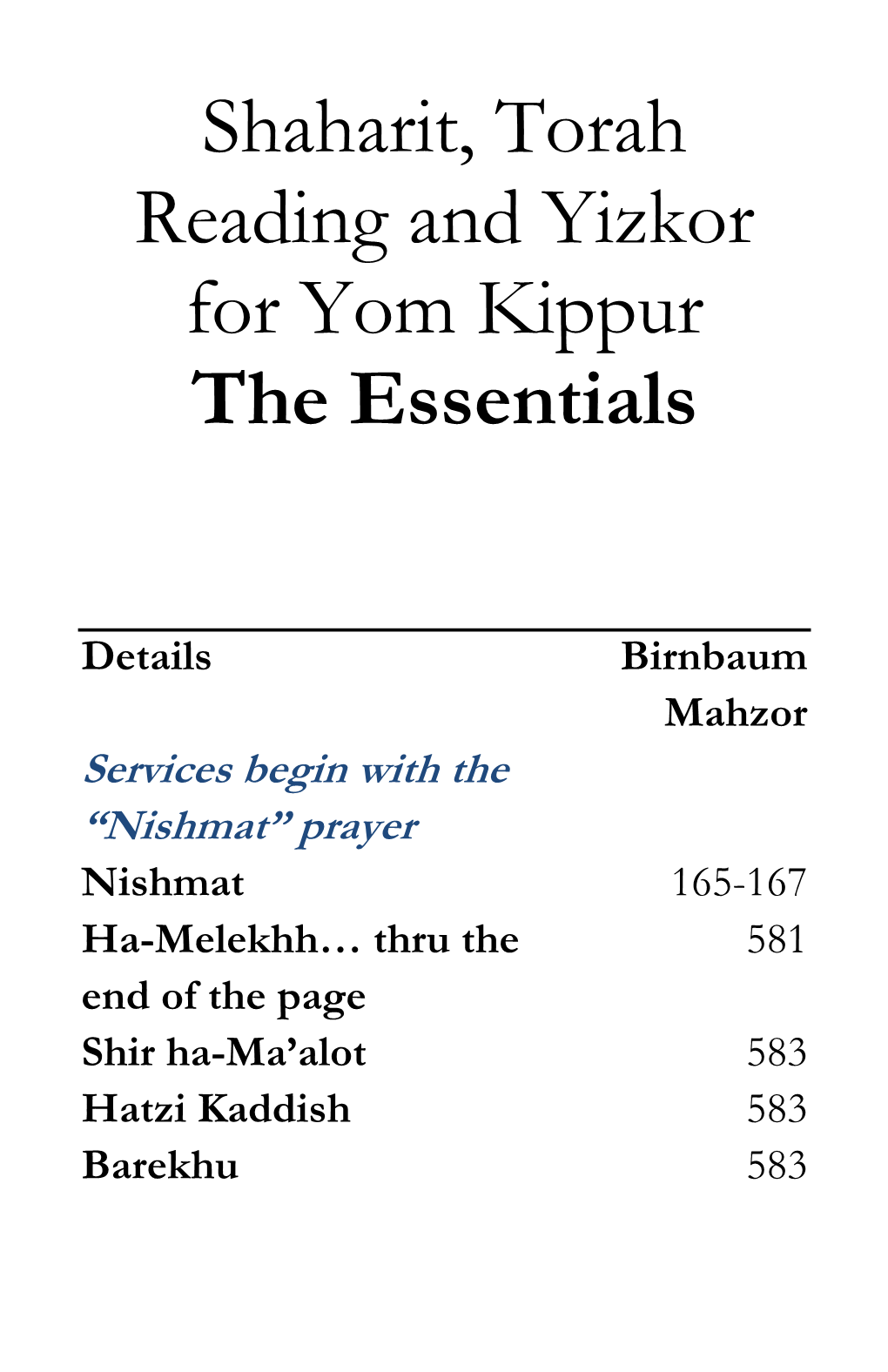 Shaharit, Torah Reading and Yizkor for Yom Kippur the Essentials