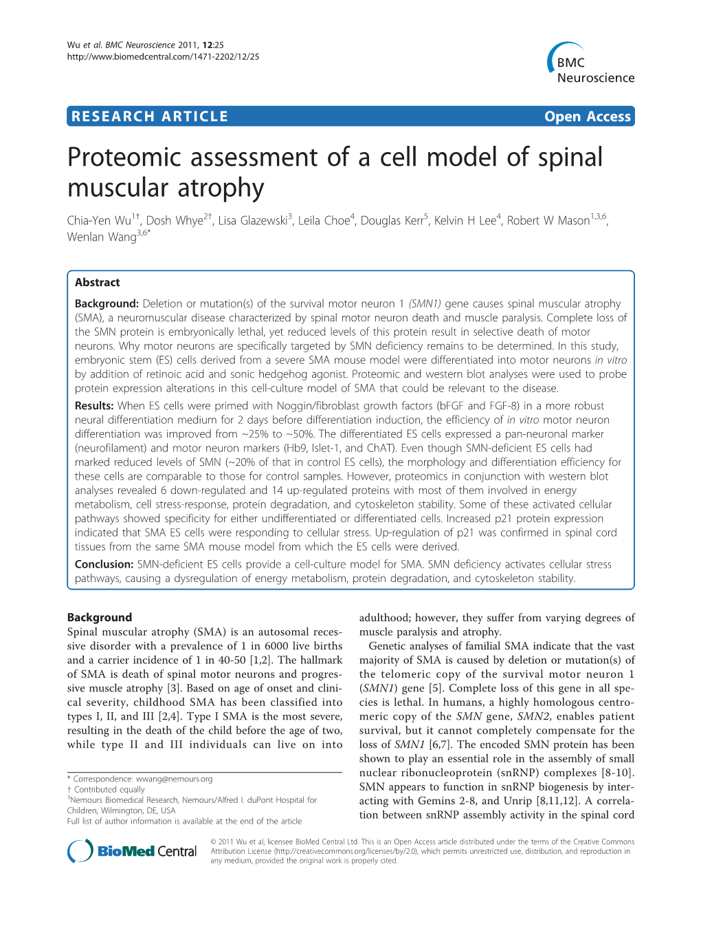 Proteomic Assessment of a Cell Model of Spinal Muscular Atrophy