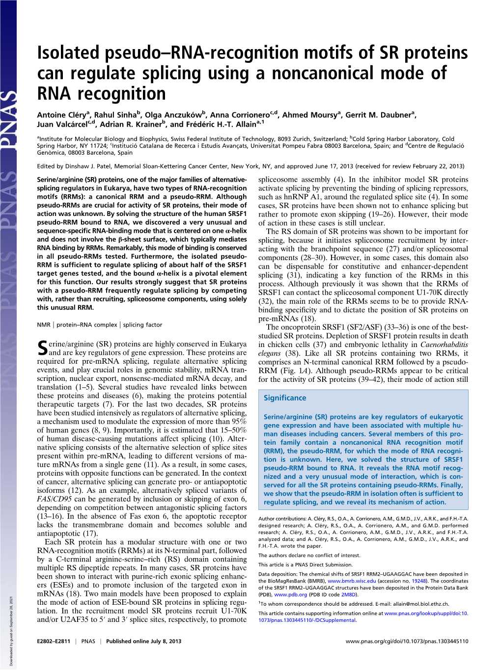 Isolated Pseudo–RNA-Recognition Motifs of SR Proteins Can Regulate Splicing Using a Noncanonical Mode of RNA Recognition