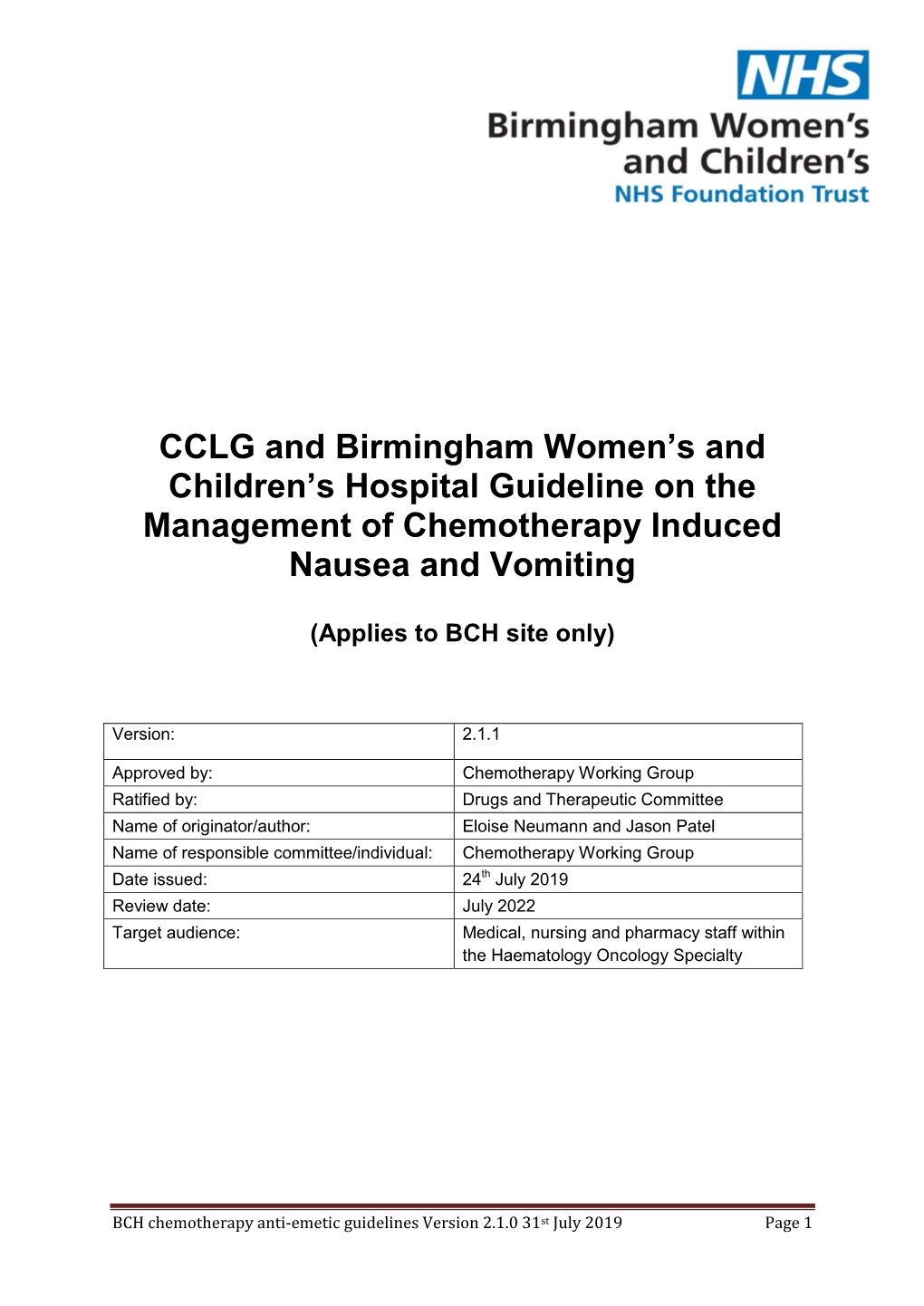 CCLG and Birmingham Women's and Children's Hospital Guideline On