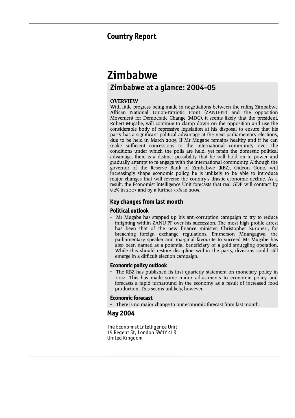 Zimbabwe Zimbabwe at a Glance: 2004-05