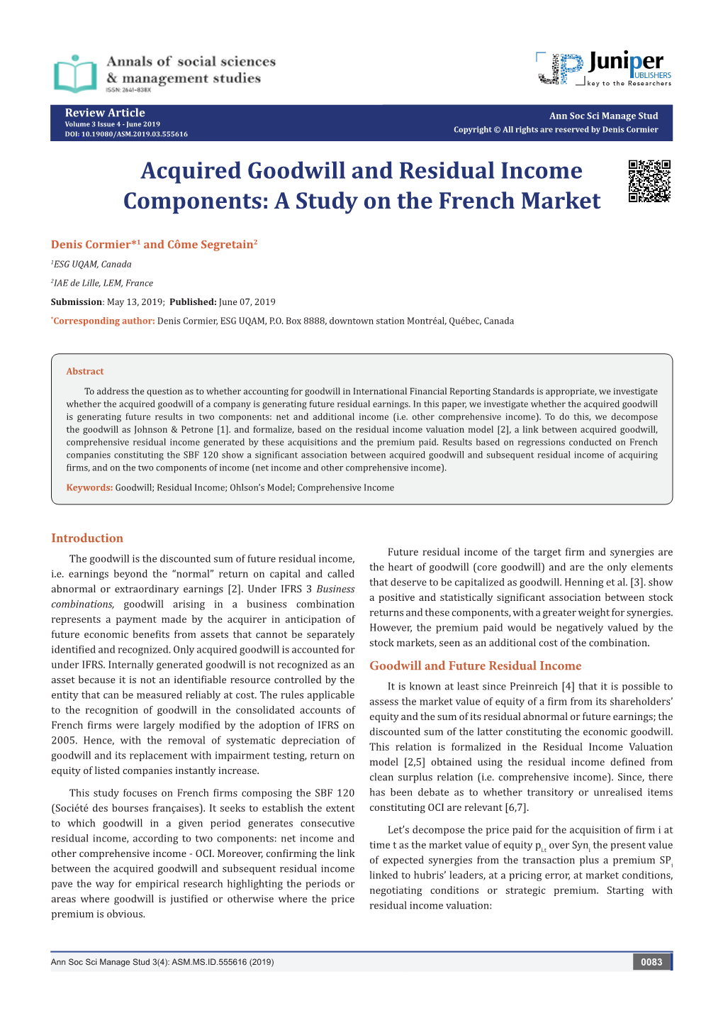 Acquired Goodwill and Residual Income Components: a Study on the French Market