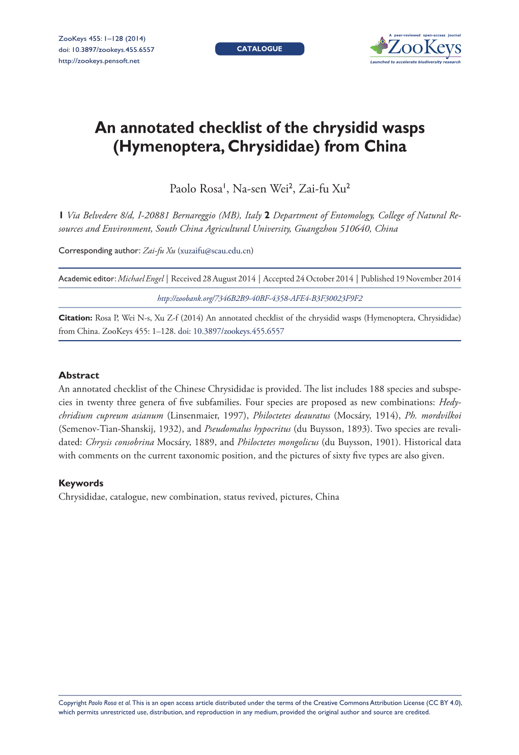 An Annotated Checklist of the Chrysidid Wasps (Hymenoptera, Chrysididae) from China