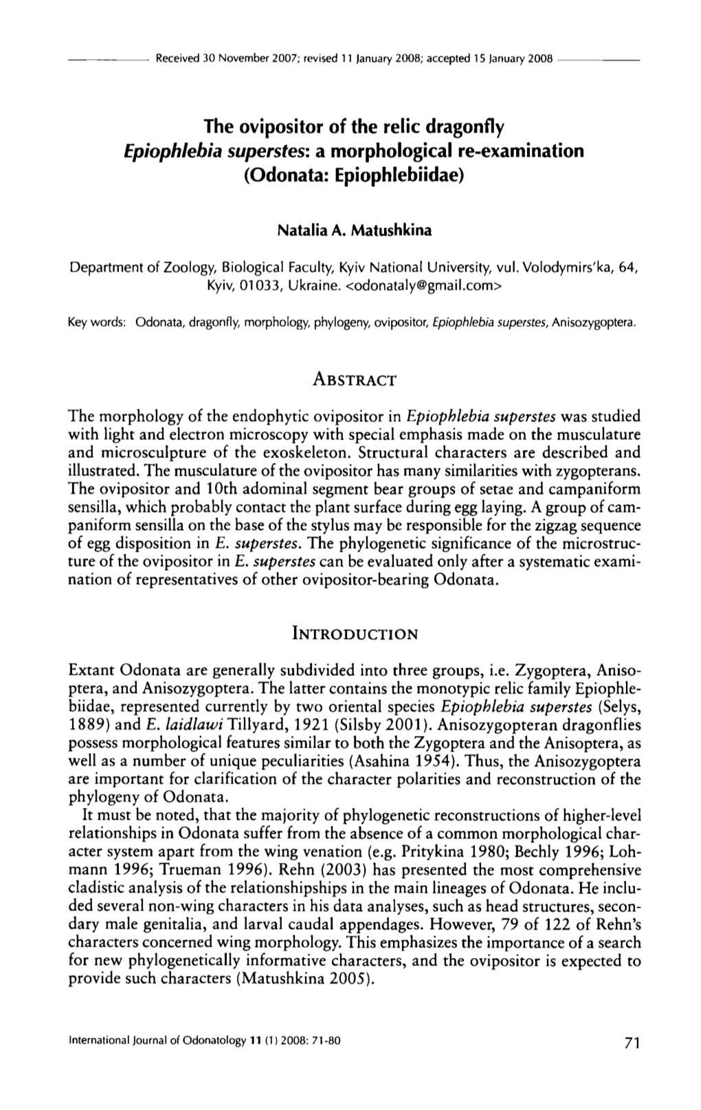 The Ovipositor of the Relic Dragonfly Epiophlebia Superstes: a Morphological Re-Examination (Odonata: Epiophlebiidae)