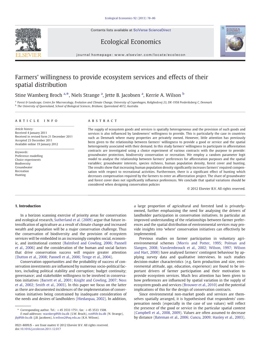 Farmers' Willingness to Provide Ecosystem Services and Effects of Their Spatial Distribution