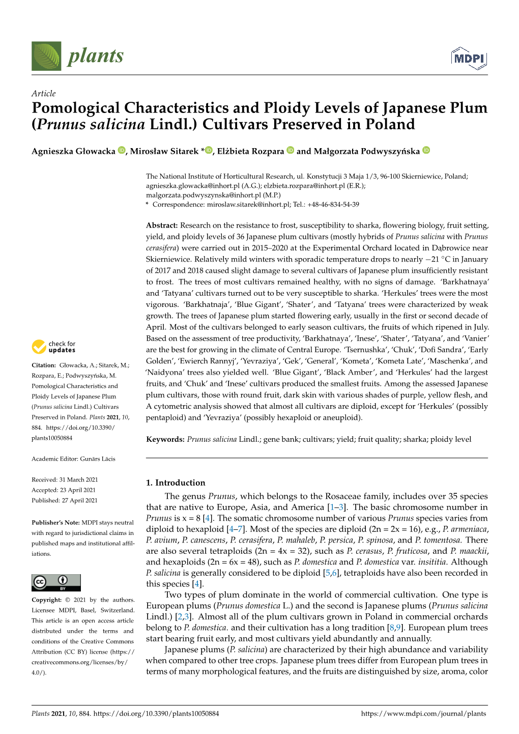 Prunus Salicina Lindl.) Cultivars Preserved in Poland