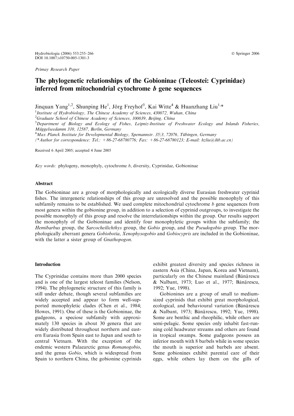 The Phylogenetic Relationships of the Gobioninae (Teleostei: Cyprinidae) Inferred from Mitochondrial Cytochrome B Gene Sequences