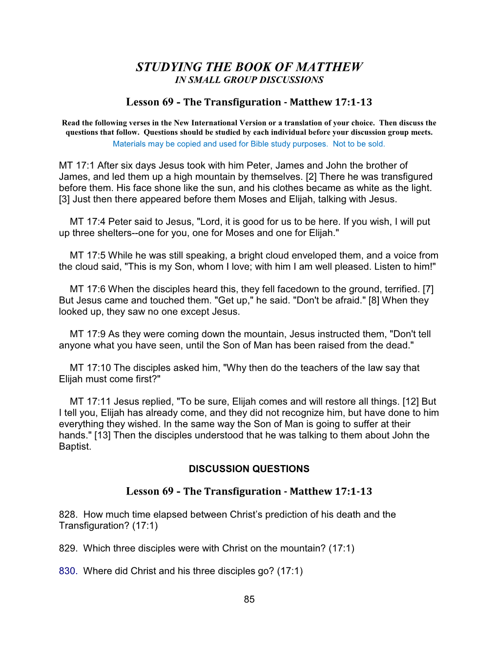 Lesson 69 - the Transfiguration - Matthew 17:1-13
