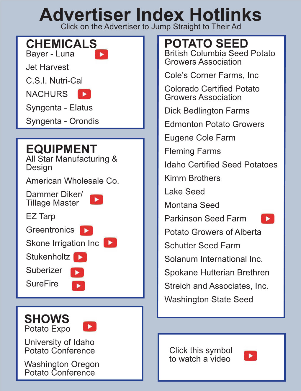 Montana Seed EZ Tarp Parkinson Seed Farm Greentronics Potato Growers of Alberta Skone Irrigation Inc Schutter Seed Farm Stukenholtz Solanum International Inc