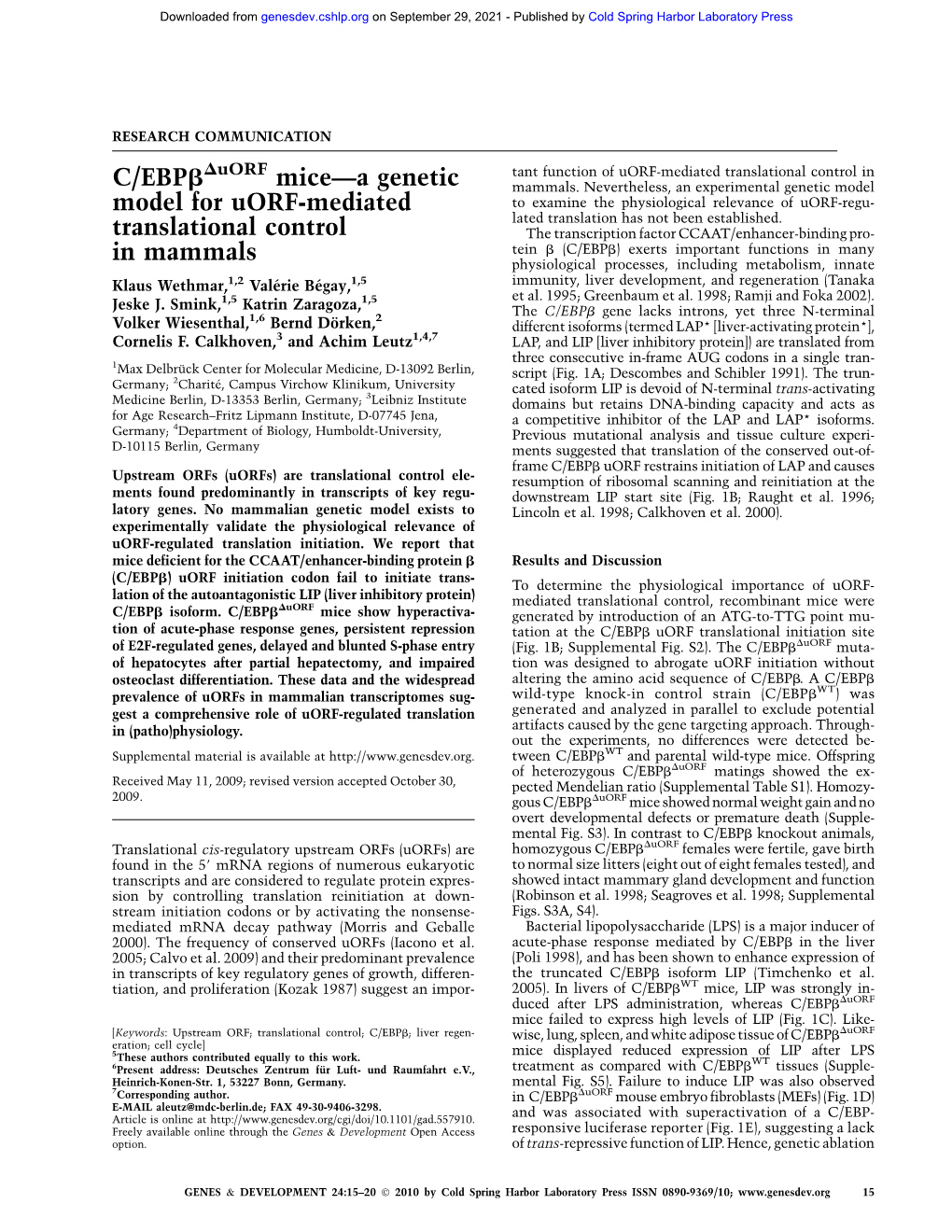 C/Ebpβδuorf Mice—A Genetic Model for Uorf-Mediated