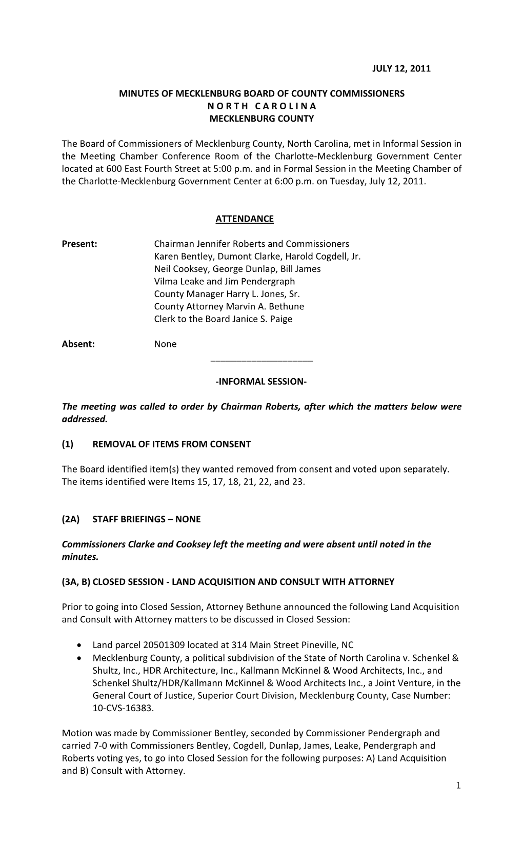 July 12, 2011 1 Minutes of Mecklenburg Board Of