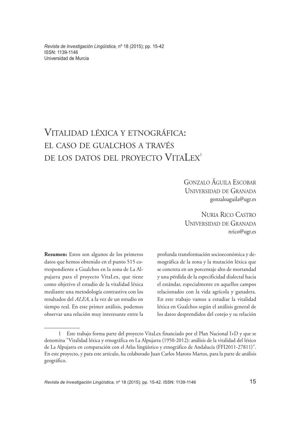 Vitalidad Léxica Y Etnográfica: El Caso De Gualchos a Través De Los Datos Del Proyecto Vitalex1
