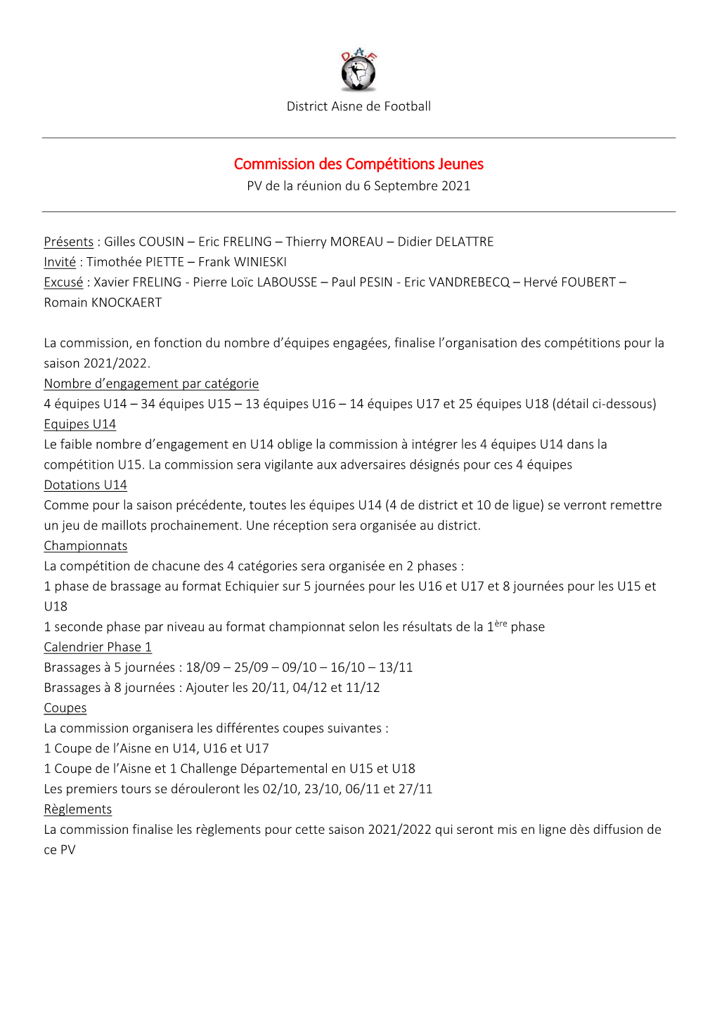 Commission Des Compétitions Jeunes PV De La Réunion Du 6 Septembre 2021
