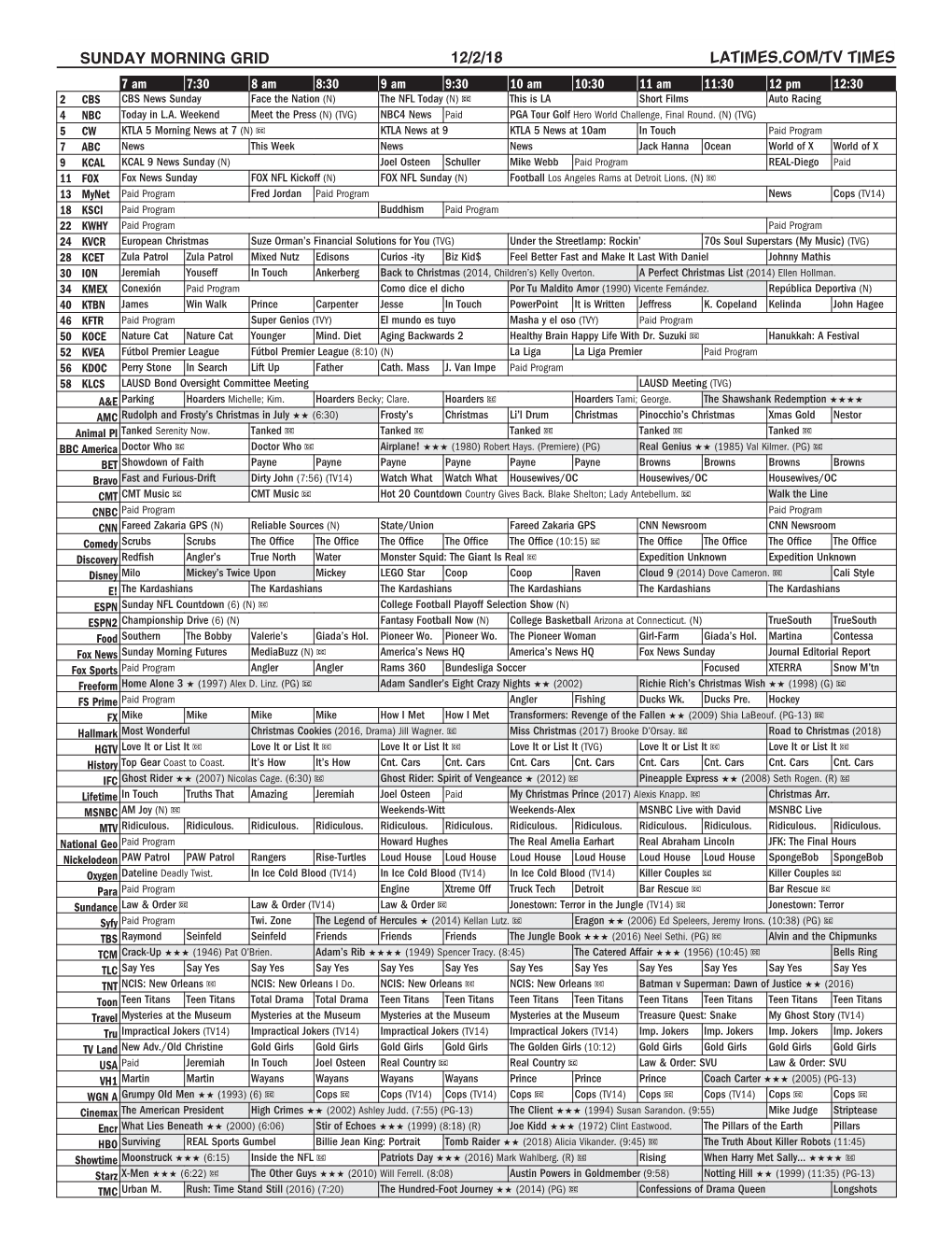 Sunday Morning Grid 12/2/18 Latimes.Com/Tv Times