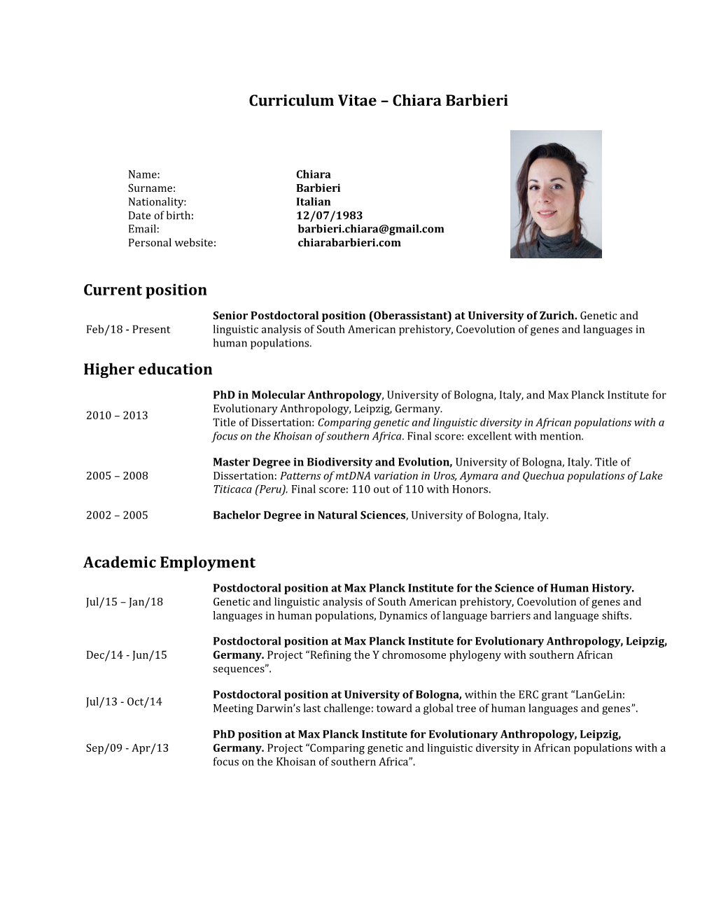 Curriculum Vitae – Chiara Barbieri