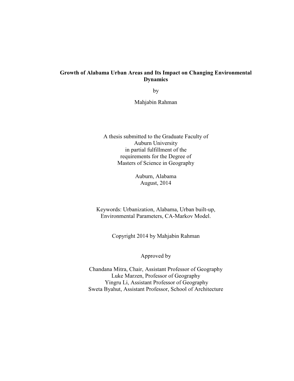 Growth of Alabama Urban Areas and Its Impact on Changing Environmental Dynamics by Mahjabin Rahman