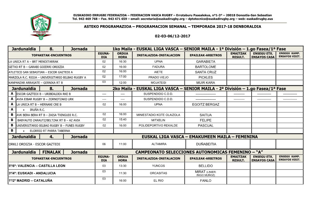 Asteko Programazioa – Programacion Semanal – Temporada 2017-18 Denboraldia