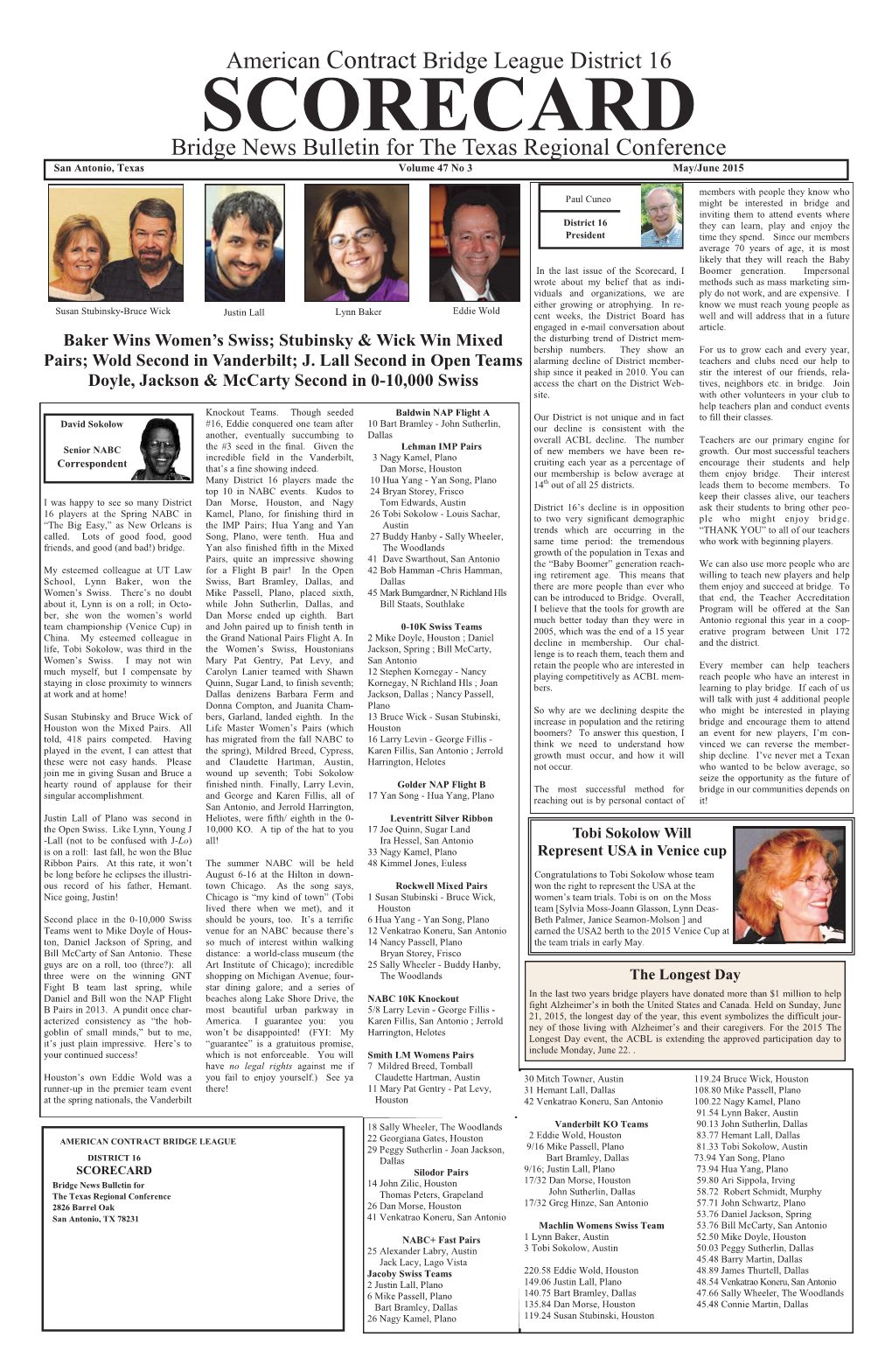 SCORECARD Bridge News Bulletin for the Texas Regional Conference San Antonio, Texas Volume 47 No 3 May/June 2015